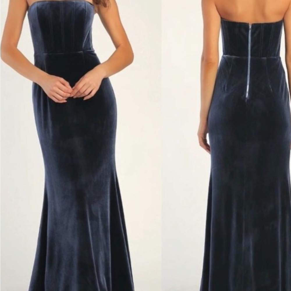 LULUS Corset All Love Ash Blue Velvet Strapless Mermaid Maxi Dress Medium